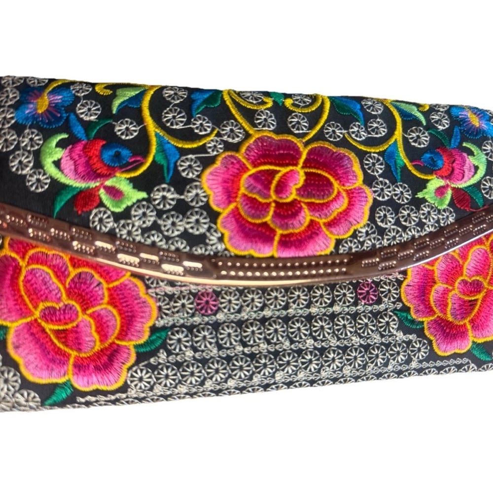 Floral Embroidered Clutch - Black and Pink